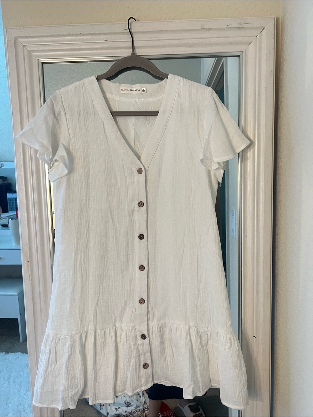 NWOT White Button-Front Ruffle Hem Dress